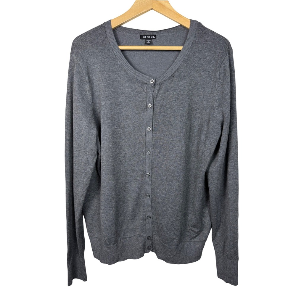George Cardigan Sweater Womens XXL 20 Charcoal Grey‎ Button Front Crew Neck Knit